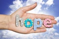 Hope word from colourful letters on womanÃ¢â¬â¢s hand with clear blue sky as background Royalty Free Stock Photo